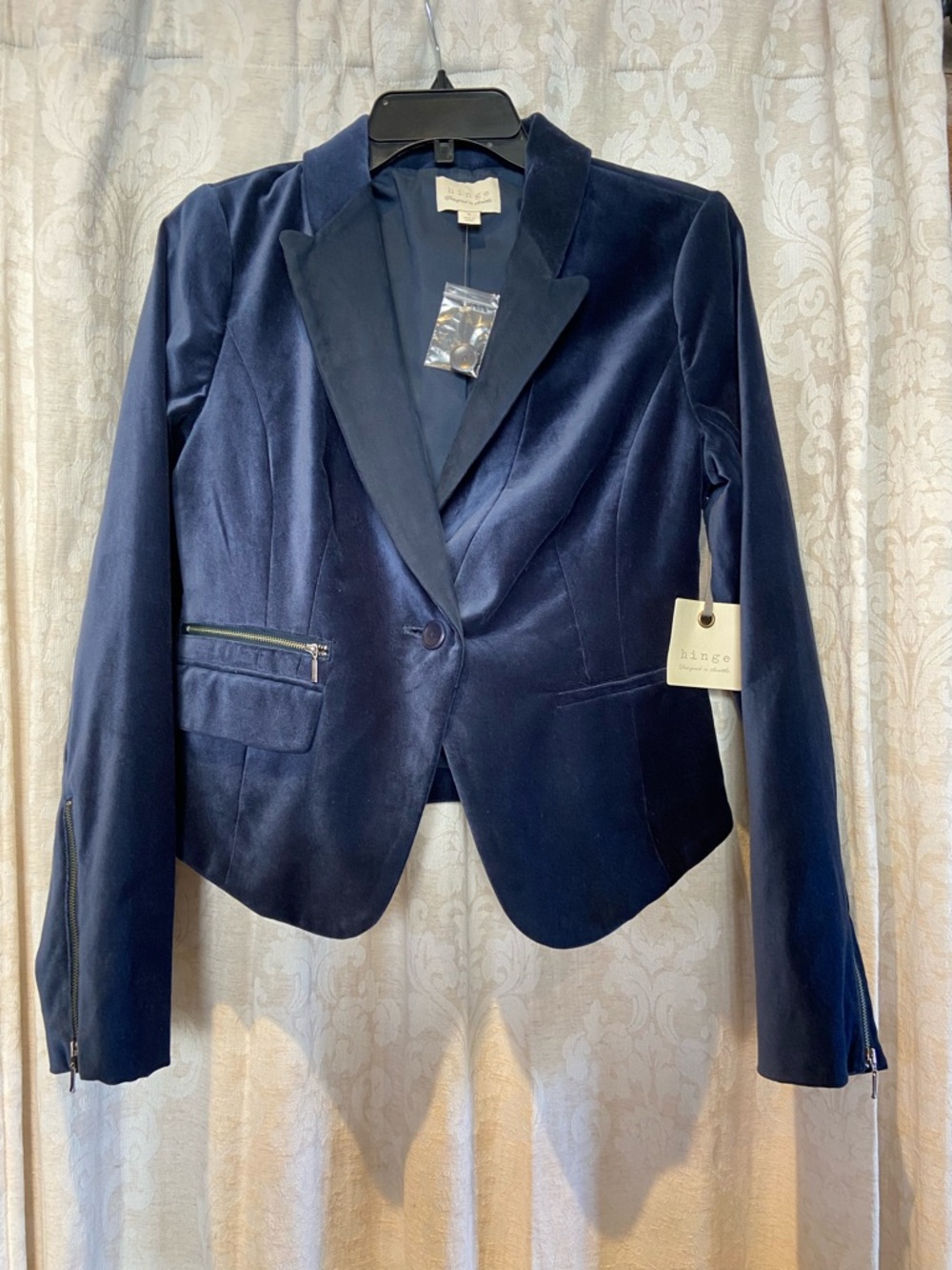 hinge Navy Velvet Single-Button Blazer with Zip Details